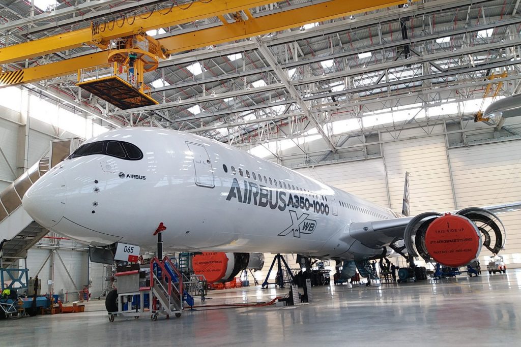 An Airbus A350-1000 XWB plane at Airbus' aircraft assembly line in Toulouse, France. 