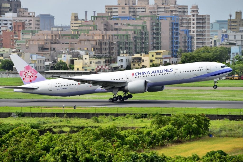 China Airlines Boeing 777-36N(ER) plane at take-off. 