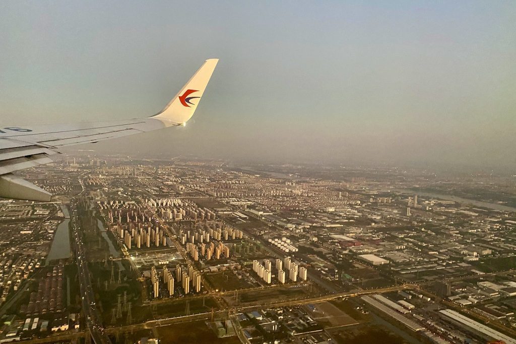A China Eastern Airlines plane approaching Shanghai Hongqiao Airport. 