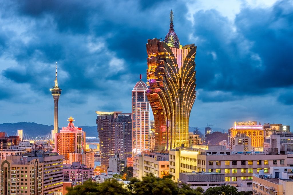 Macau city skyline at dusk. The city's gambling revenue has tumbled after travel curbs were put up due to the coronavirus outbreak. 