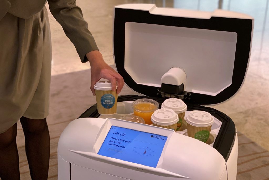 A food delivery robot at L’hotel Island South in Hong Kong. The Hong Kong-based hospitality has turned to robots amid the coronavirus travel slump.