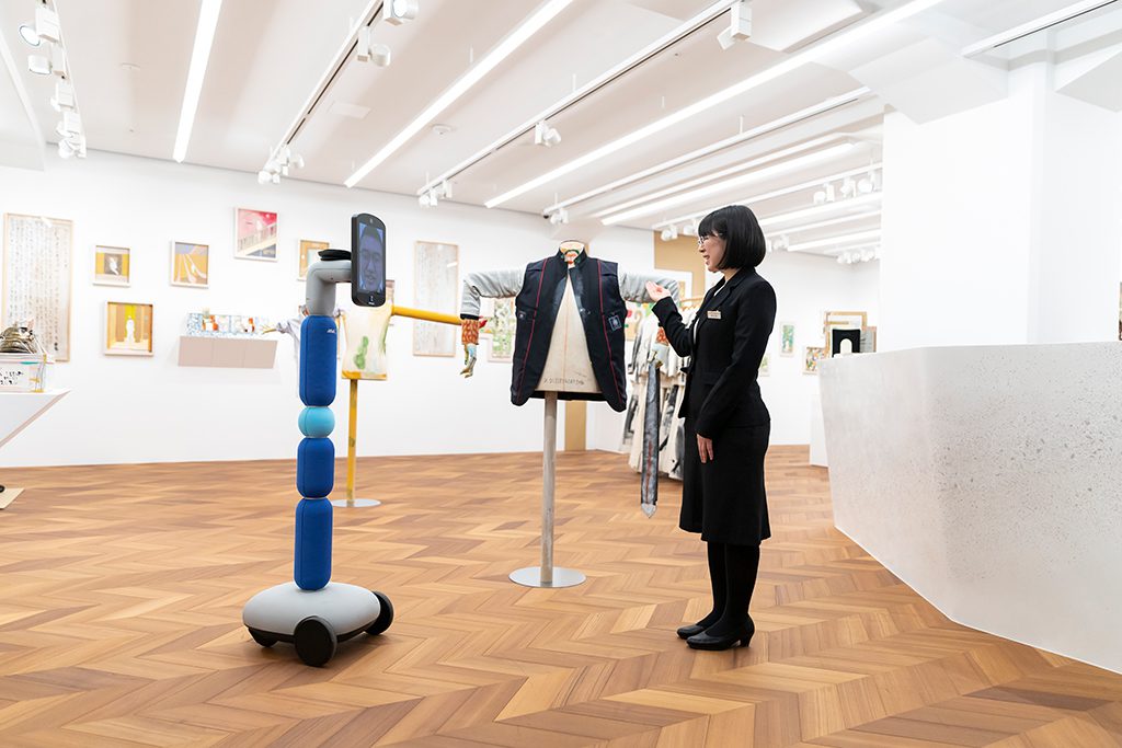Examples of the Avatar-in robot at an exhibition of the artworks of Katsuhiko Hibino at the 21_21 Design Sight museum in Tokyo.