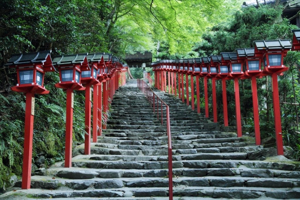 Stone steps leading up to Kifune Shrine, a popular tourist destination in Kyoto, Japan. 