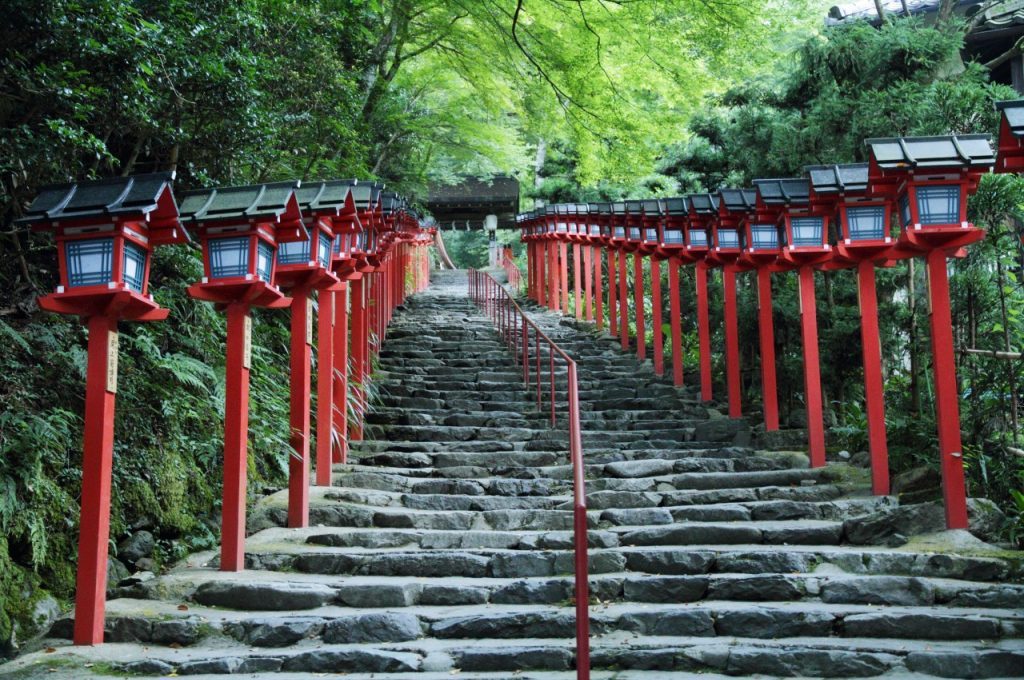 Stone steps leading up to Kifune Shrine, a popular tourist destination in Kyoto, Japan. 