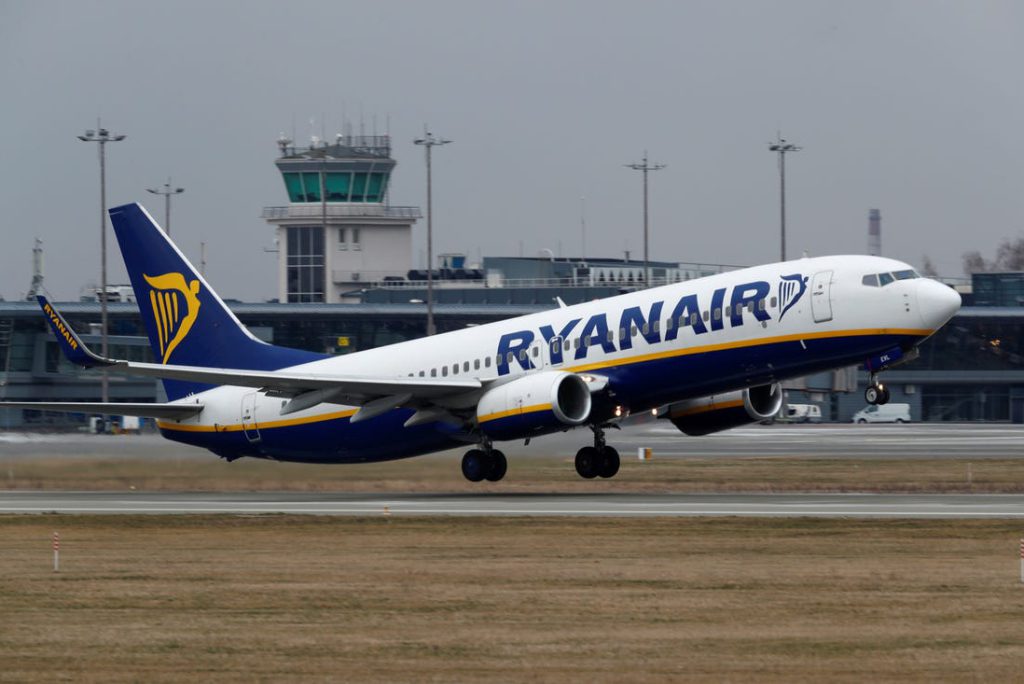 A Ryanair Boeing 737-8AS plane takes off in Riga, Latvia, on March 16, 2020.