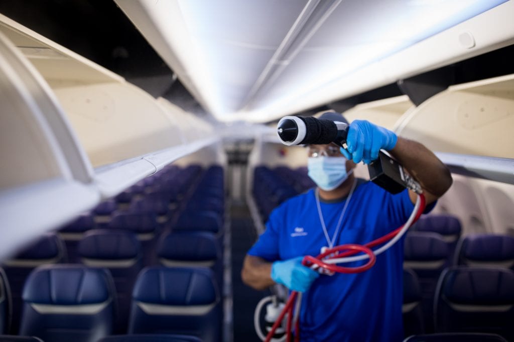 Southwest Airlines aircraft cleaning process features an electrostatic sprayer system. The airline expects a fare war when the coronavirus-recovery kicks in.