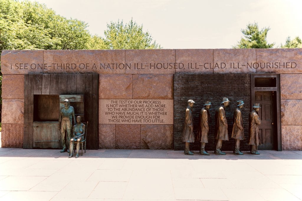 Franklin Delano Roosevelt Memorial in Washington D.C., depicting scenes from the Great Depression in sculpture.