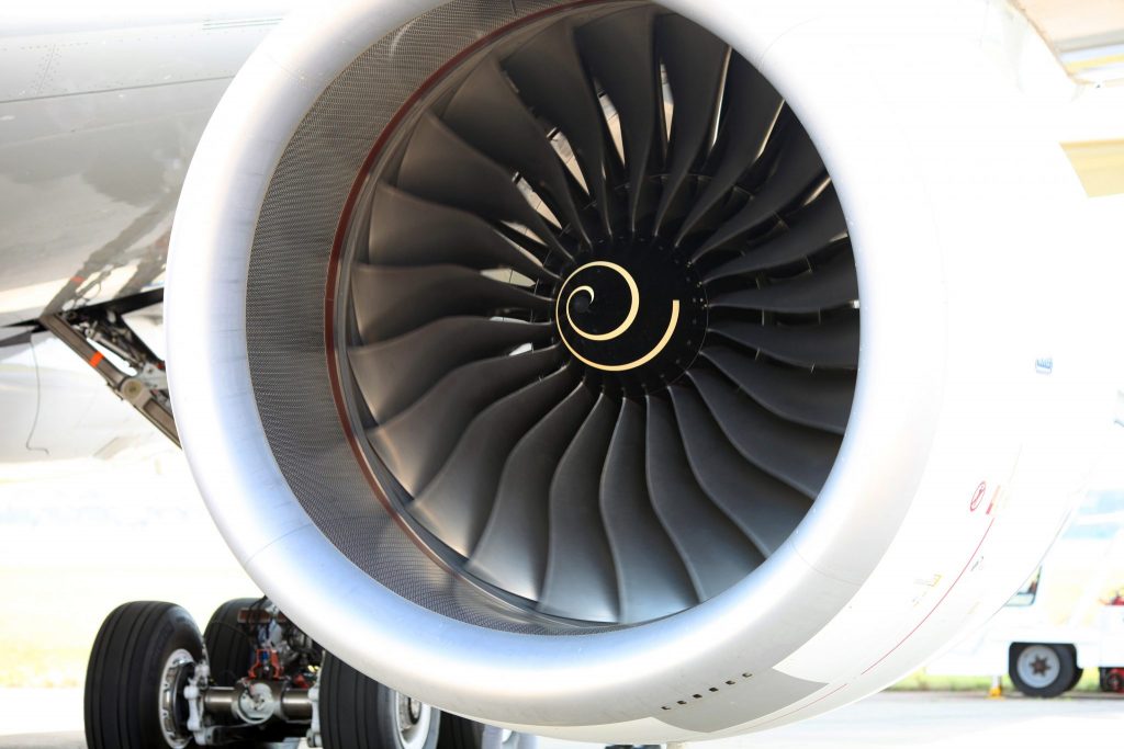 A fan of a Rolls-Royce engine on an Airbus A350-800. 