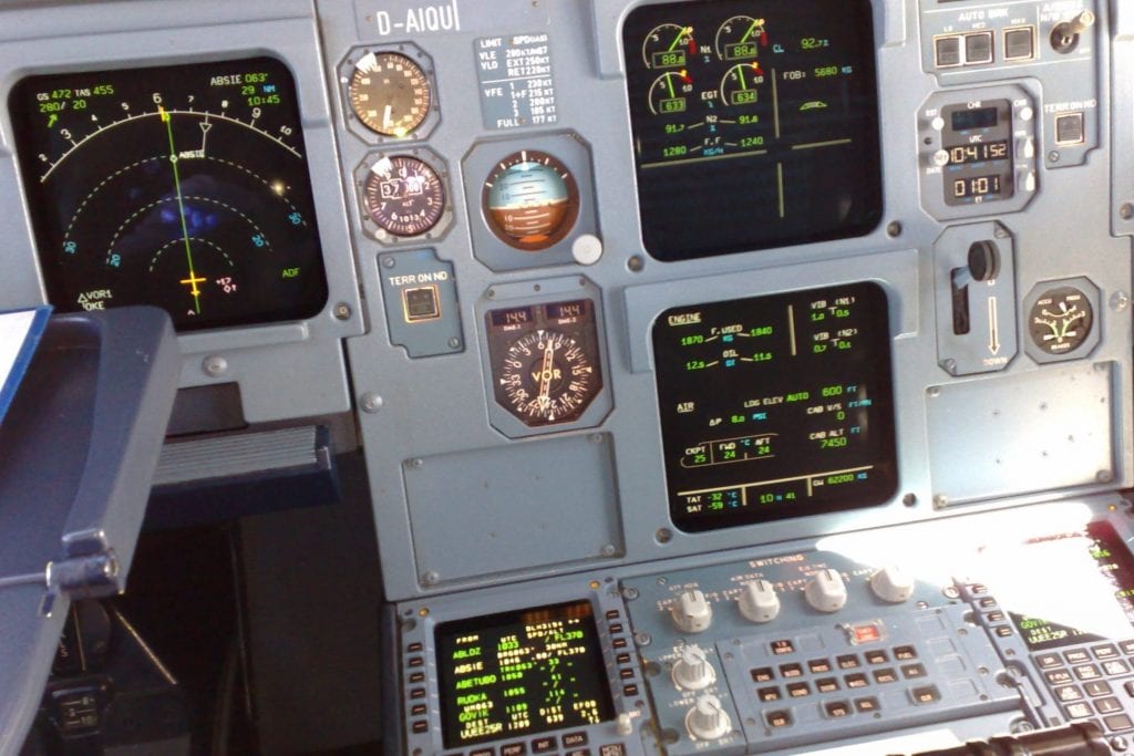 An Airbus A320 cockpit. A Pakistan International Airlines Airbus A320 aircraft crashed May 22, 2020, with nearly 100 fatalities. 