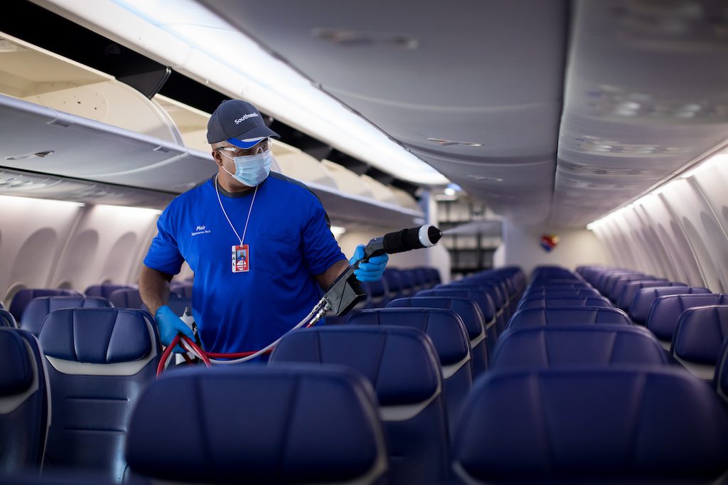 Southwest Airlines is using an electrostatic sprayer system to sanitize aircraft.