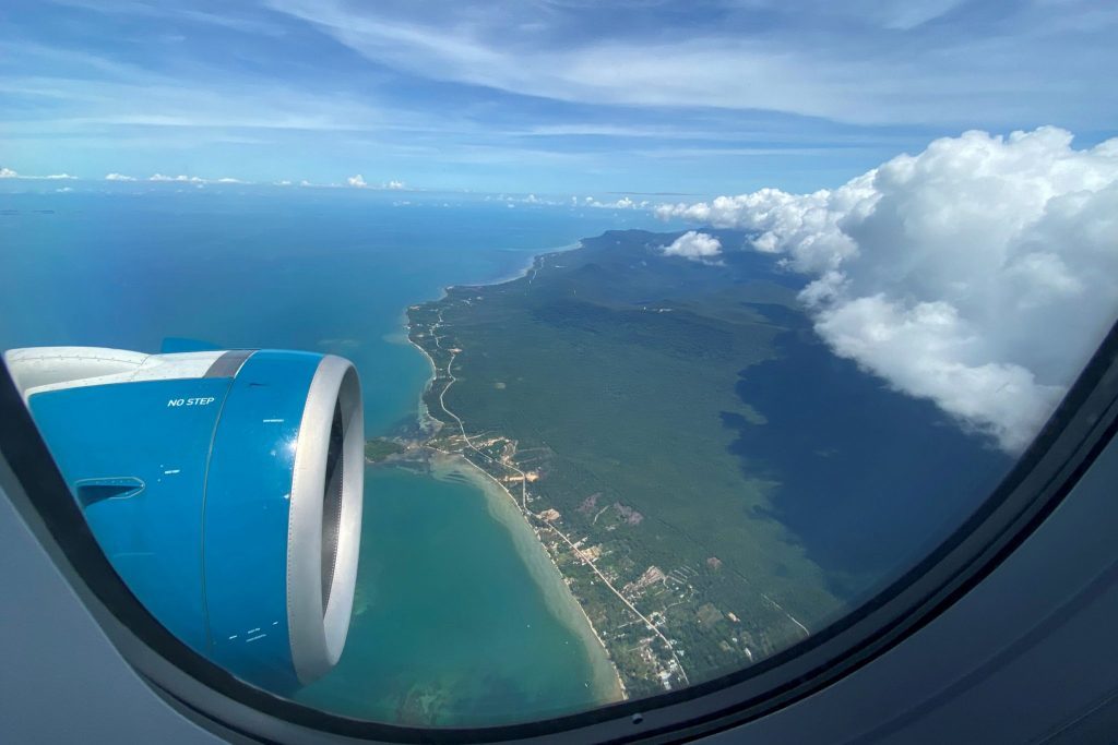 Phu Quoc resort island is seen via the window of an airplane after the Vietnamese government eased the lockdown following the coronavirus outbreak.