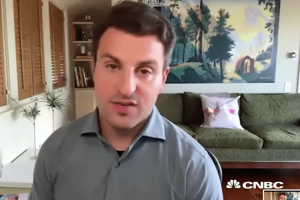 Airbnb CEO Brian Chesky on CNBC June 22, 2020. His 2020 compensation topped $120 million.