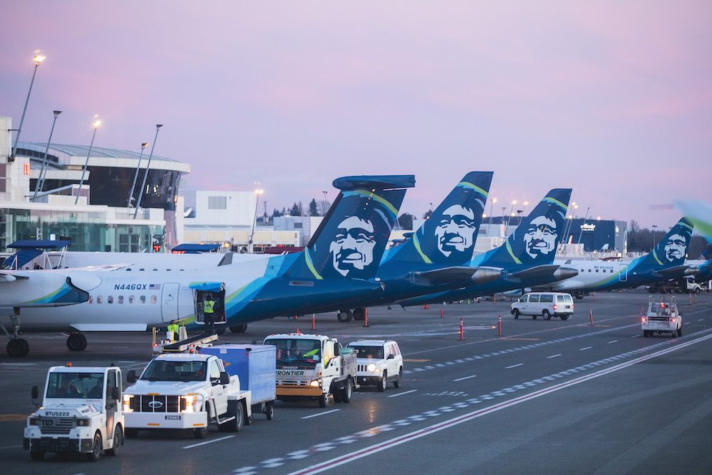 Alaska and Horizon Air jets and turboprops on the ramp. 