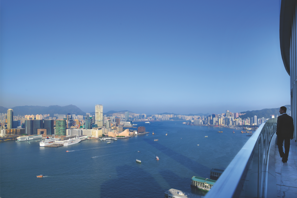 View of Hong Kong from the executive club lounge balcony of the Four Seasons Hotel.