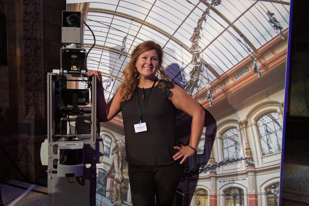 Valentina Frassi, a program manager for Google Street View, poses with one of the company's cameras on a trolley during the launch of a gallery at the Science Museum in London in 2016 in partnership with Google Arts and Culture.
