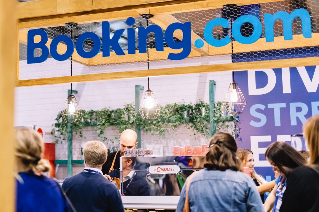 The Booking.com logo at a recent Web Summit event. 