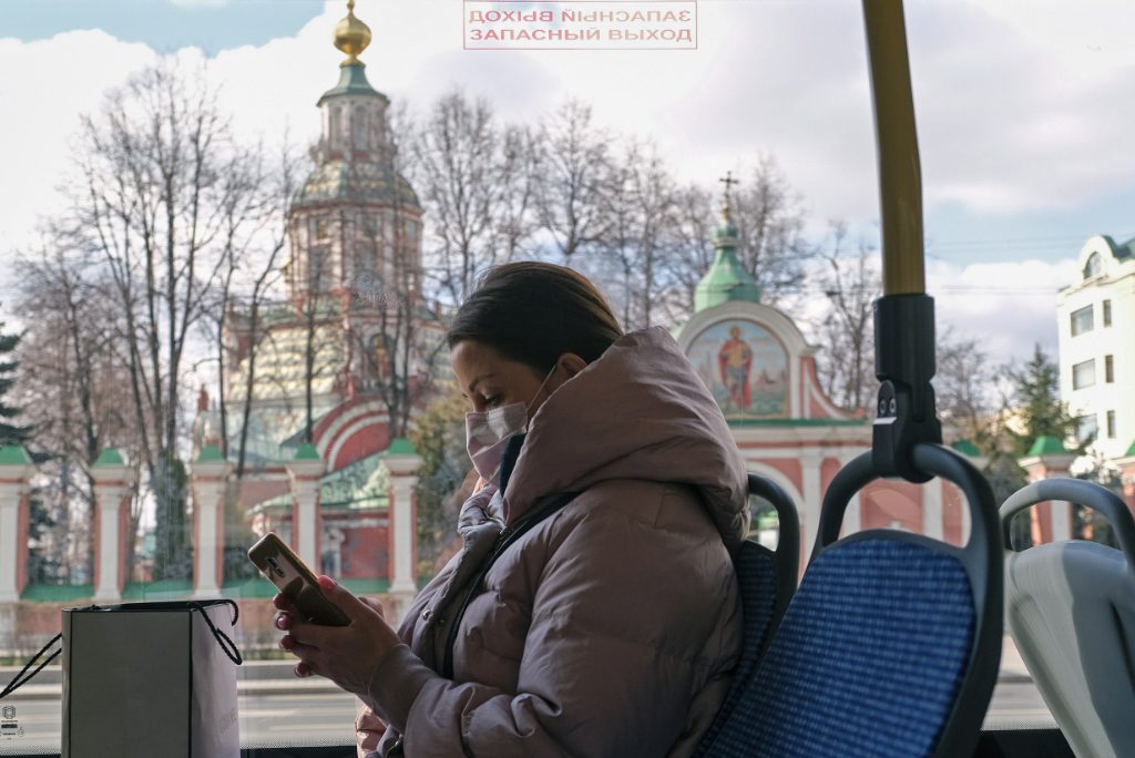 A traveler on a bus in Russia.