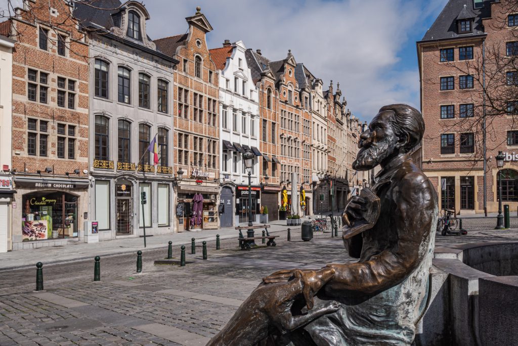 A fountain commemorating Charles Buls, also known as Karel Buls, as seen during the lockdown in Brussels, Belgium in 2020.