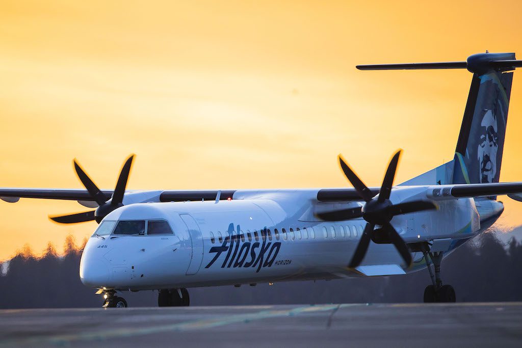 A Horizon Air turboprop on the ground. Horizon is a subsidiary of Alaska Airlines. 