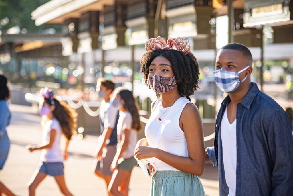 Since Walt Disney World Resort theme parks in Lake Buena Vista, Fla., began their phased reopening July 11, 2020, all guests 2 years of age and older have been required to wear an appropriate face covering at all times, except when eating and drinking while dining.