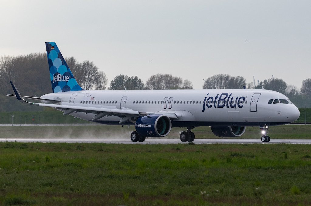 A JetBlue Airways Airbus A321 on the ground in Hamburg, Germany, before delivery. 