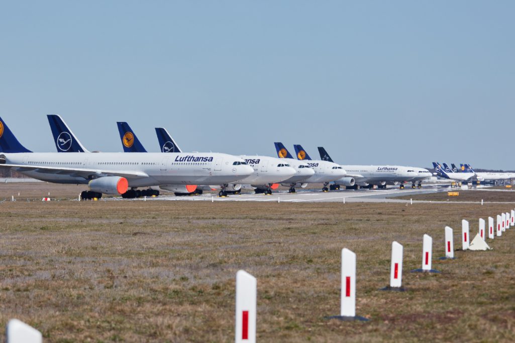 Lufthansa aircraft parking on north-west runway at Frankfurt Airport due to corona crisis on March 23, 2020. 
