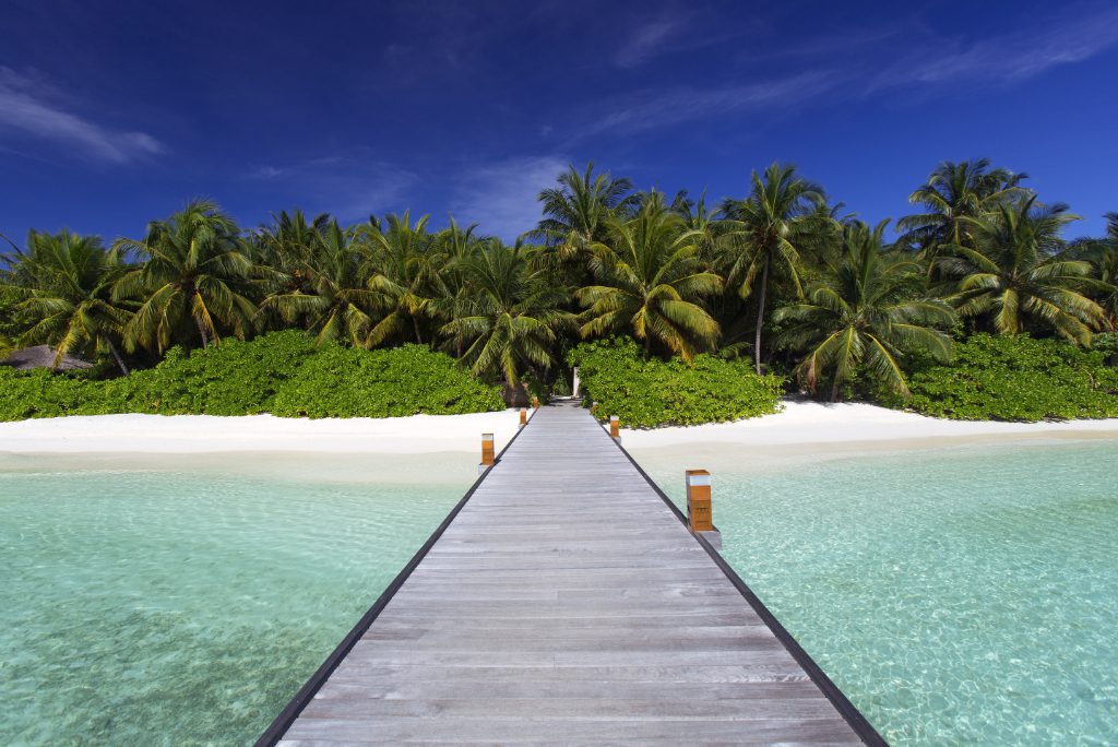 A jetty for guest arrivals at the Baros Maldives, a luxury property in the Baros resort island in the Maldives that reopens October 1, 2020.