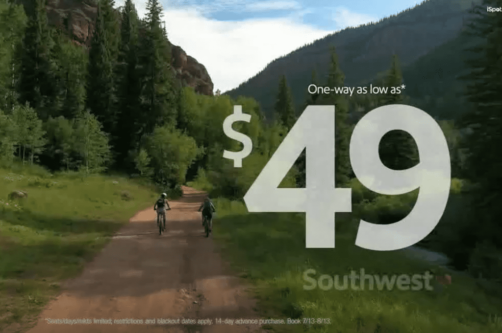 A screenshot of a Southwest Airlines Wanderlust TV commercial. Airlines increased their advertising in July 2020.