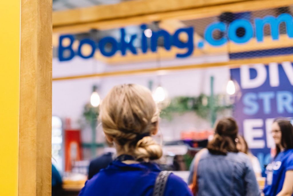 The Booking.com presence at Web Summit 2019 on November 05, 2019. Weakness in Europe meant Booking Holdings couldn't take great advantage of the boom in short-term rentals in the first quarter of 2021.