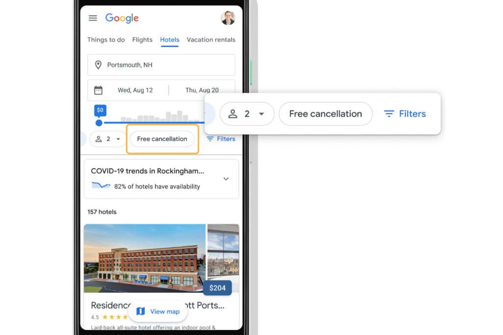 A screenshot of a new "free cancellation filter for hotel" feature on Google's travel-related set of search tools. The feature debuted in August 2020.