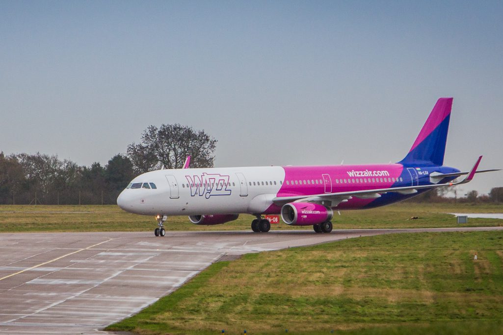A Wizz Air Airbus A321 aircraft on the runway.