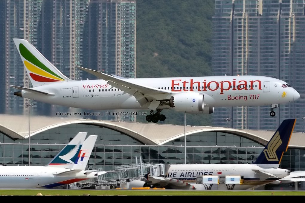 An Ethiopian Airlines on approach from Addis Ababa at Hong Kong International Airport on June 27, 2015.  The airline opened a terminal featuring contactless technologies.