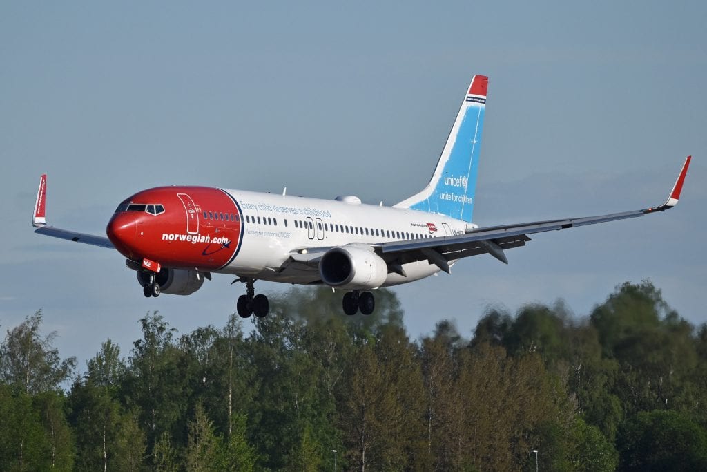 An arriving Norwegian Air Boeing 737 on May 26, 2019. The Norwegian government extended Norwegian Air an additional two months on a loan guarantee.