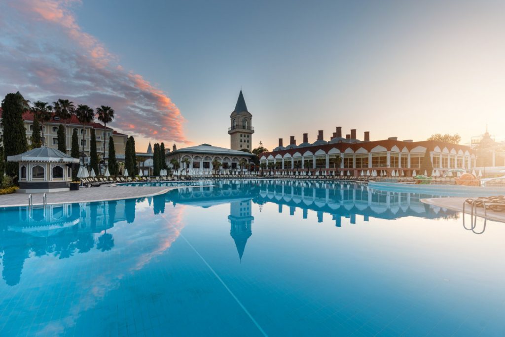 Swandor Hotels & Resorts Topkapi Palace in Aksu, in Antalya, Turkey. Some of Swandor Group's 18 properties in Turkey, Greece, Vietnam, Thailand, and Egypt use HotelRunner's software services.