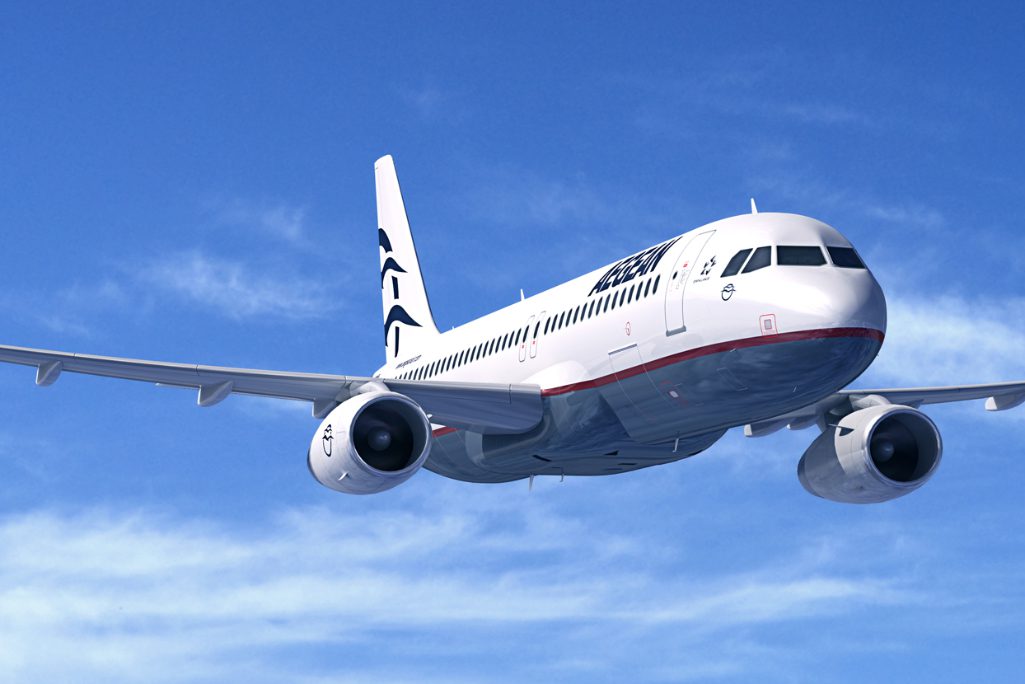 An Aegean Airlines Airbus Α320 in flight. Aegean plans to add a surcharge of $6 (€5) per passenger per leg on tickets booked via Amadeus, Sabre, and Travelport