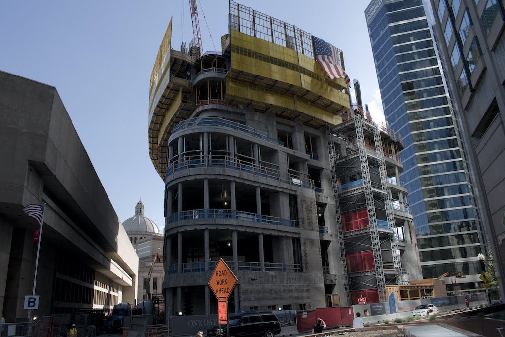 The U.S. leads the world in hotel construction for 2020, but experts expect years of flat growth ahead (Pictured: a Boston Four Seasons Hotel under construction in 2017).