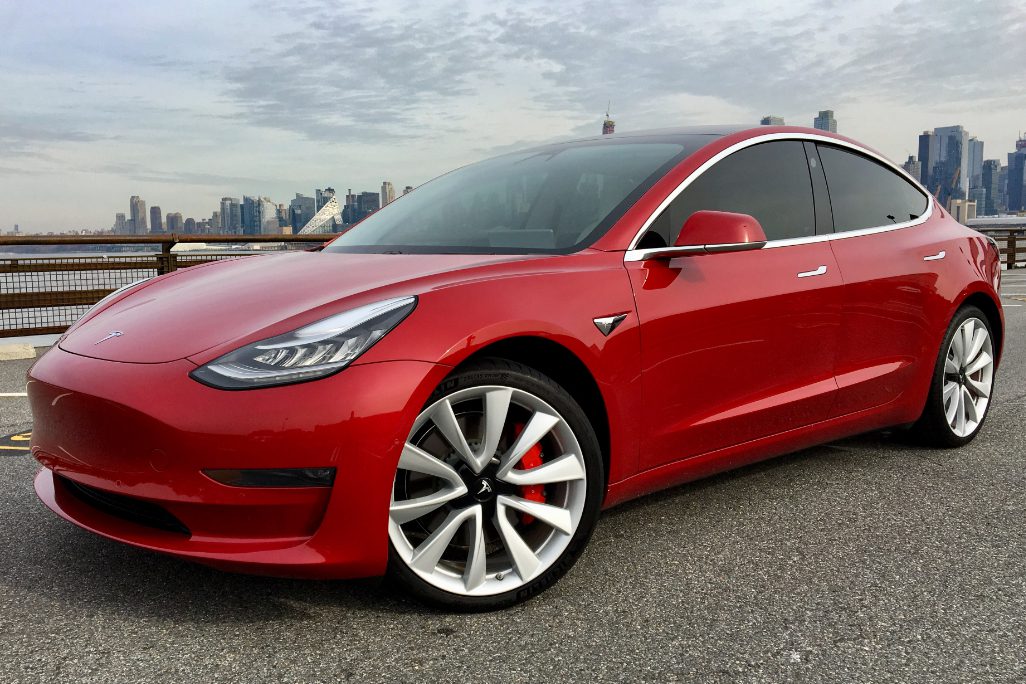 A Tesla Model 3 available for car sharing.