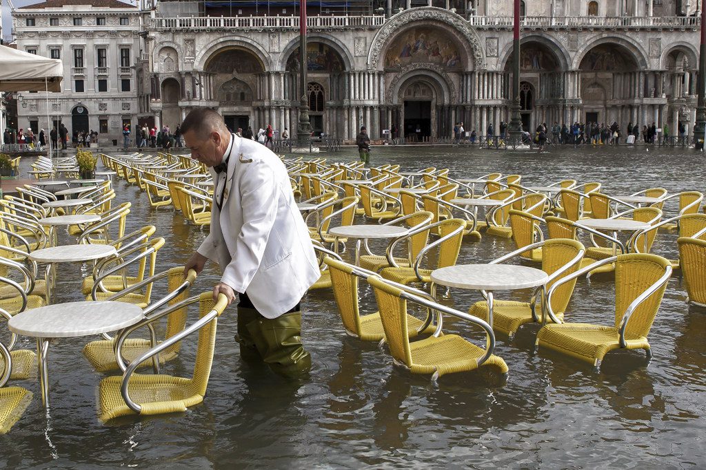 A flooded scene in Venice on October 28, 2012. The city built a flood barrier that is stopping high tides from overrunning the city. 