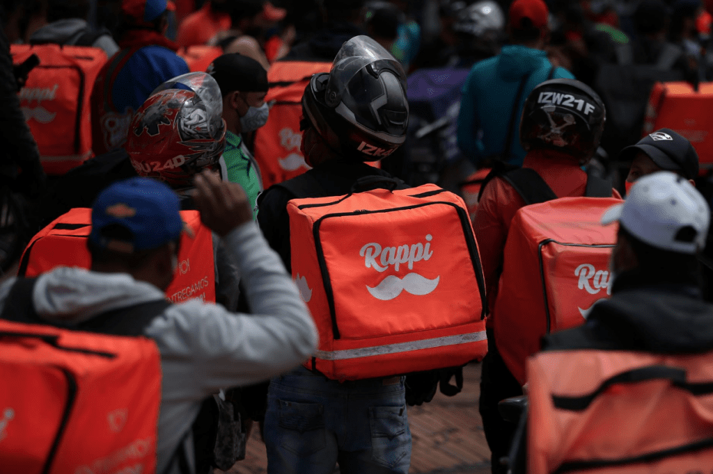 Delivery workers for Rappi and other delivery apps protest as part of a strike to demand better wages and working conditions, amid the coronavirus disease outbreak, in Bogota, Colombia August 15, 2020