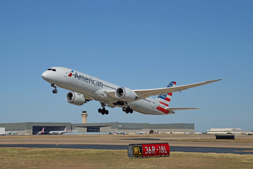 An American Airlines Boeing 787 aircraft at Dallas Fort Worth International Airport.