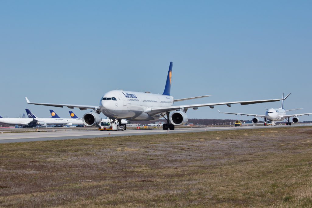 A Lufthansa Airbus A330-300 aircraft on a runway in Frankfurt in March 2020.
