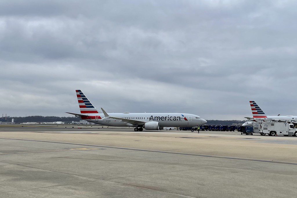 An American Airlines Boeing 737 Max arriving at Washington Reagan National airport after its first flight there since 2019 on January 5, 2021.