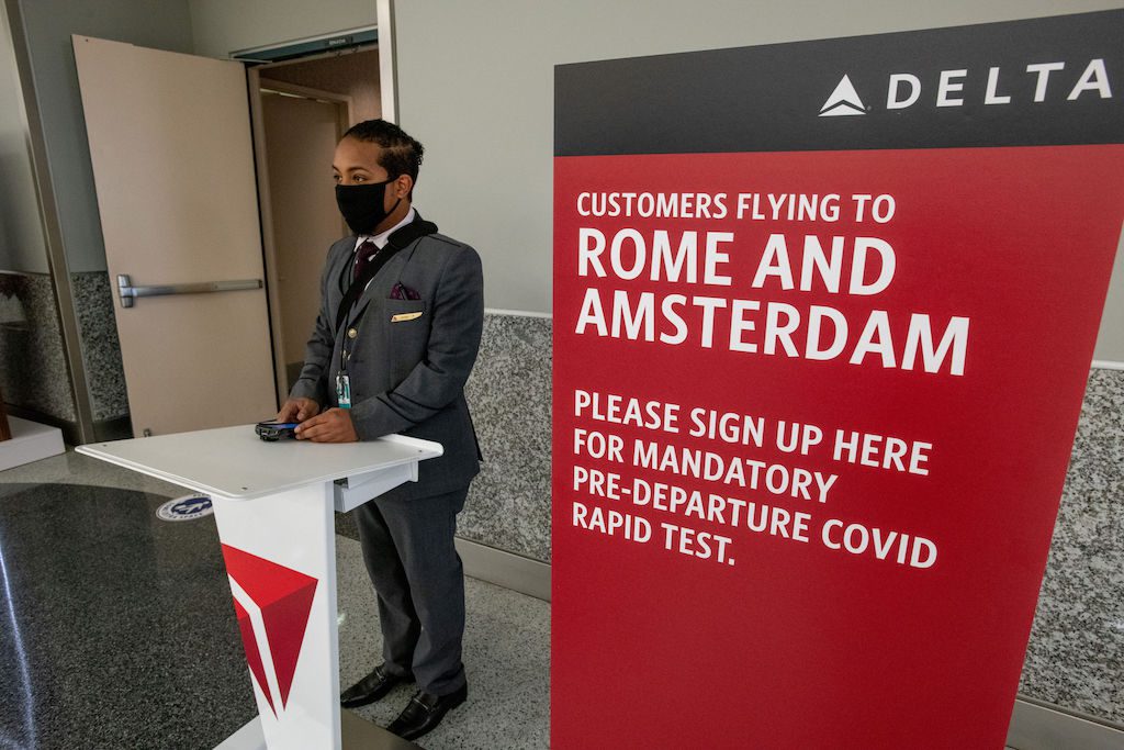 Delta Air Lines is trialling mandatory Covid-19 testing in place of quarantines on select flights to Amsterdam and Rome.