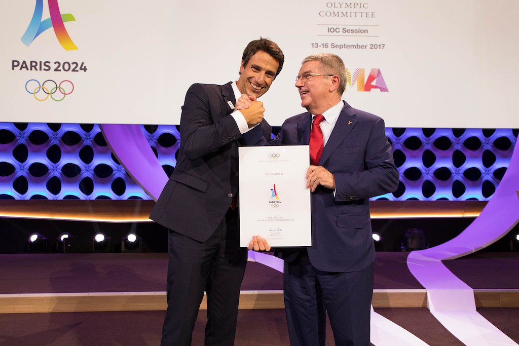 Paris has “solutions” to hold the 2024 Olympics if the coronavirus pandemic remains an issue, said organizing committee head Tony Estanguet (left). 