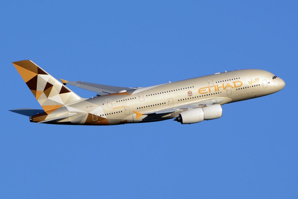 An Etihad A380 taking off.  
