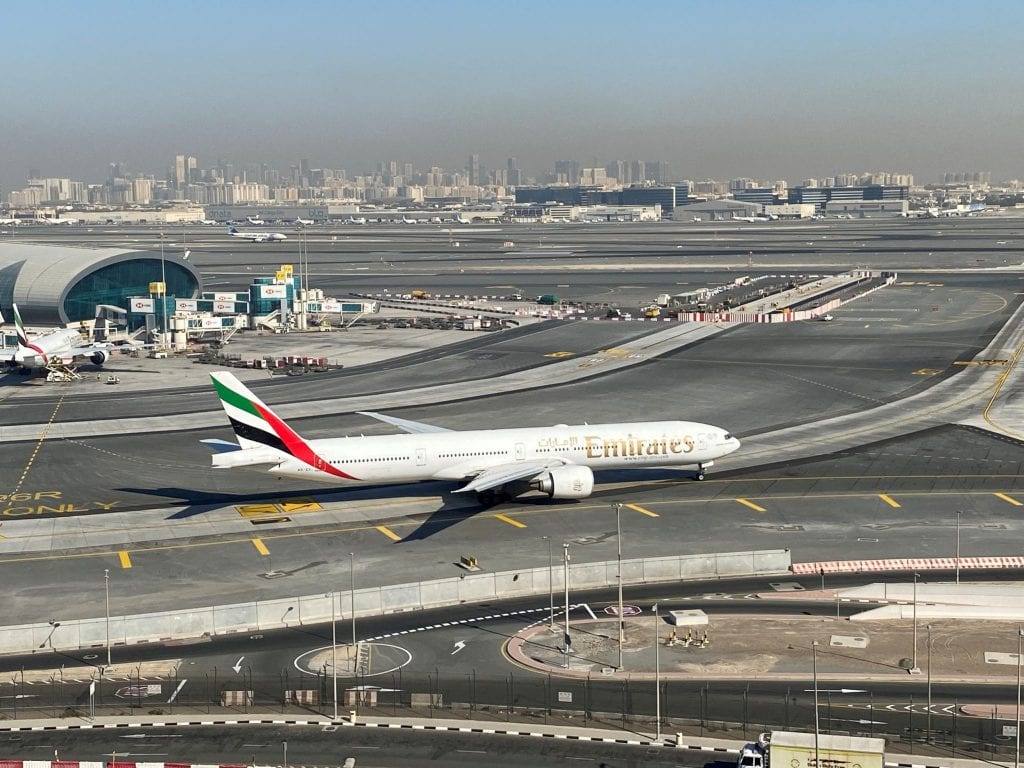Emirates airliners are seen on the tarmac in a view of Dubai International Airport in Dubai, United Arab Emirates.