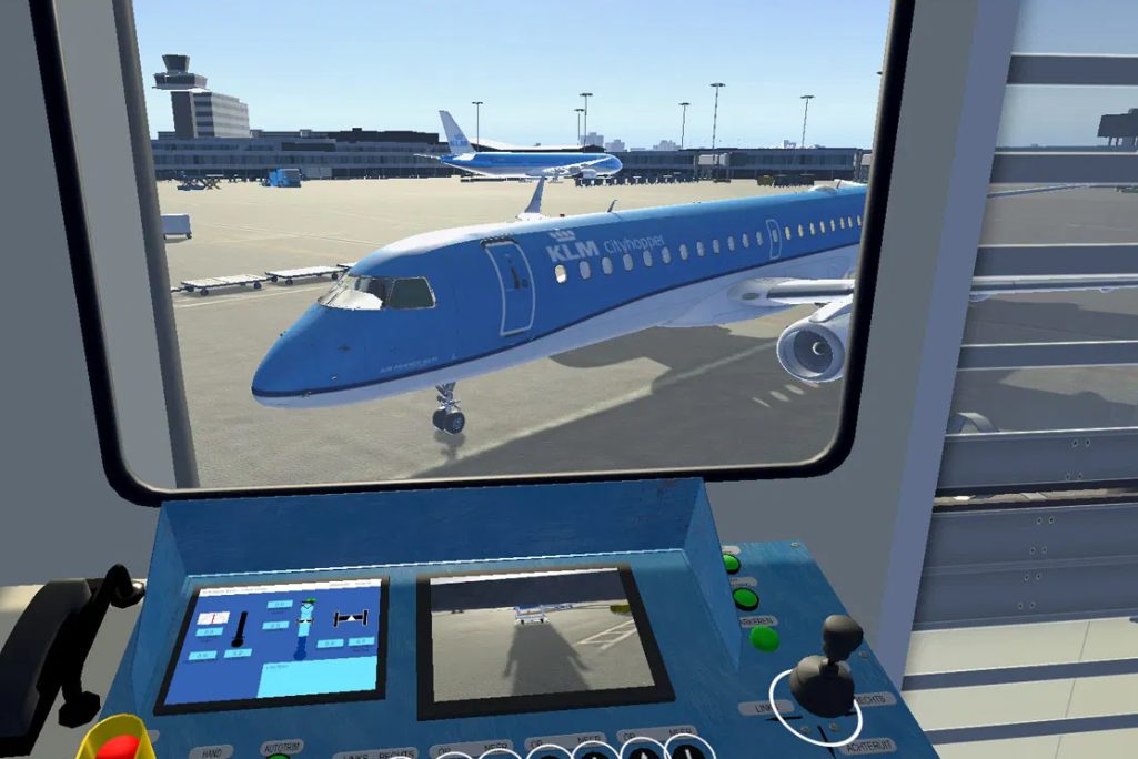 A virtual reality, or VR, simulation of a jet bridge connecting to a KLM Cityhopper plane at Schiphol Airport in Amsterdam. KLM, the Dutch airline, has been spending on virtual reality (VR) technologies for worker training that's more cost-effective.
