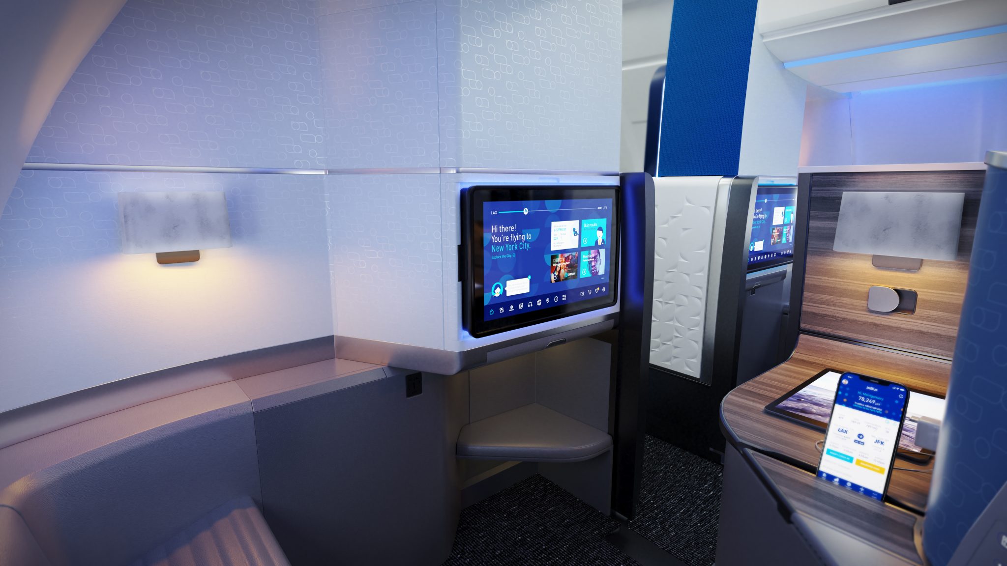 Image of planned Mint class studio seat for JetBlue's planned transatlantic service. JetBlue Airways sees wants to add a business line: travel technology, said chief digital and technology officer Eash Sundaram.