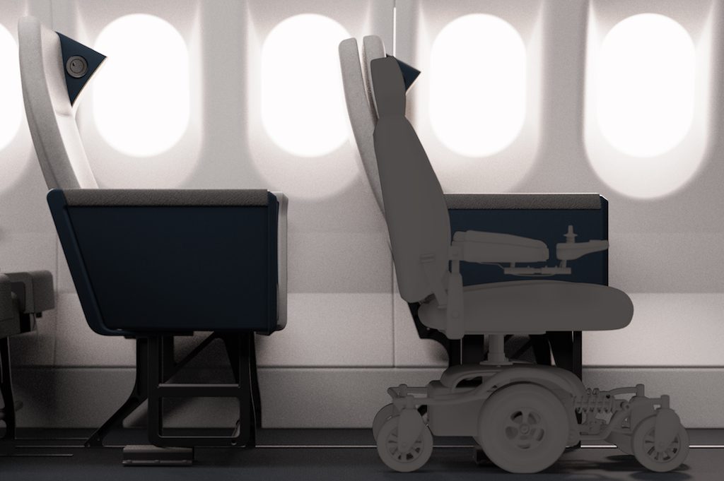 Molon Labe Seating and JPA Design rendering of the "Freedom Seat" prototype enabling wheelchair use in-flight.


