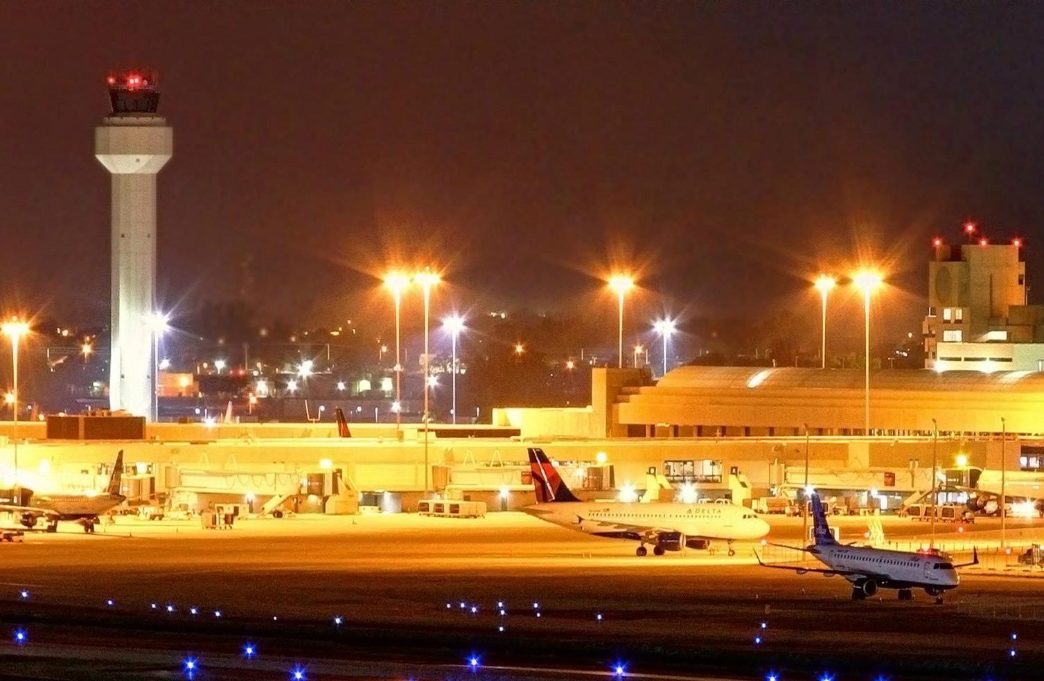Palm Beach International airport at night overlooking its leased lands in West Palm Beach, Florida.  